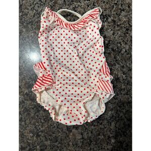 Vintage Catalina Girls Red White Polka Dot Striped Ruffle One Piece Swimsuit USA